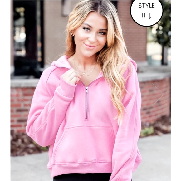 Pink Lily Tops - Pink Lily Light Pink Learn As You Go Quarter Zip Pullover Hoodie Sweatshirt New